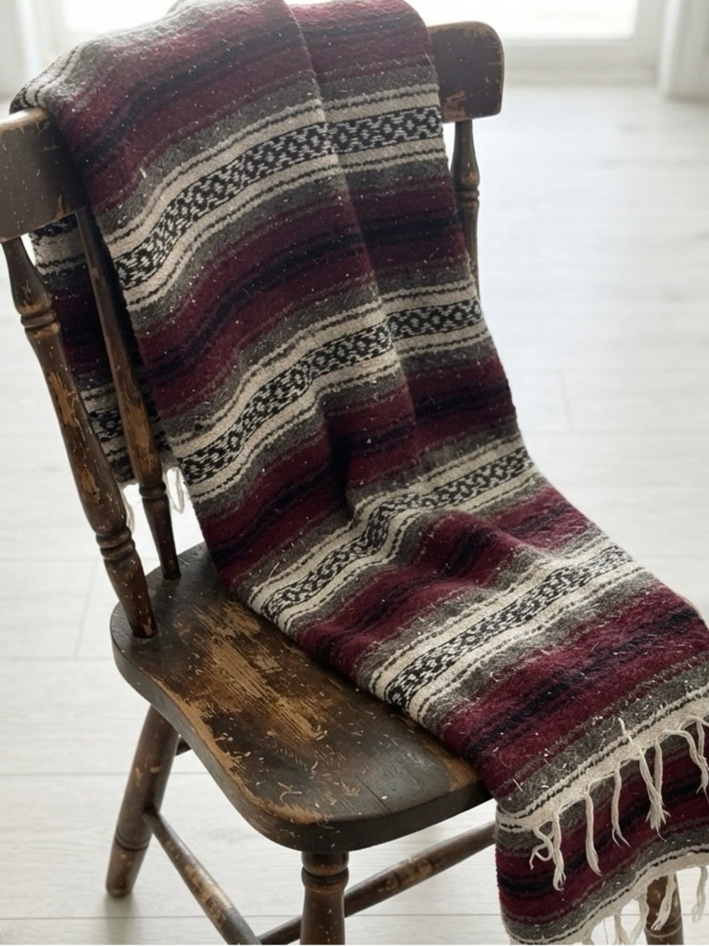 Authentic Mexican Falsa Blanket – Burgundy/Cream Boho Throw (3.5' x 5.5')
